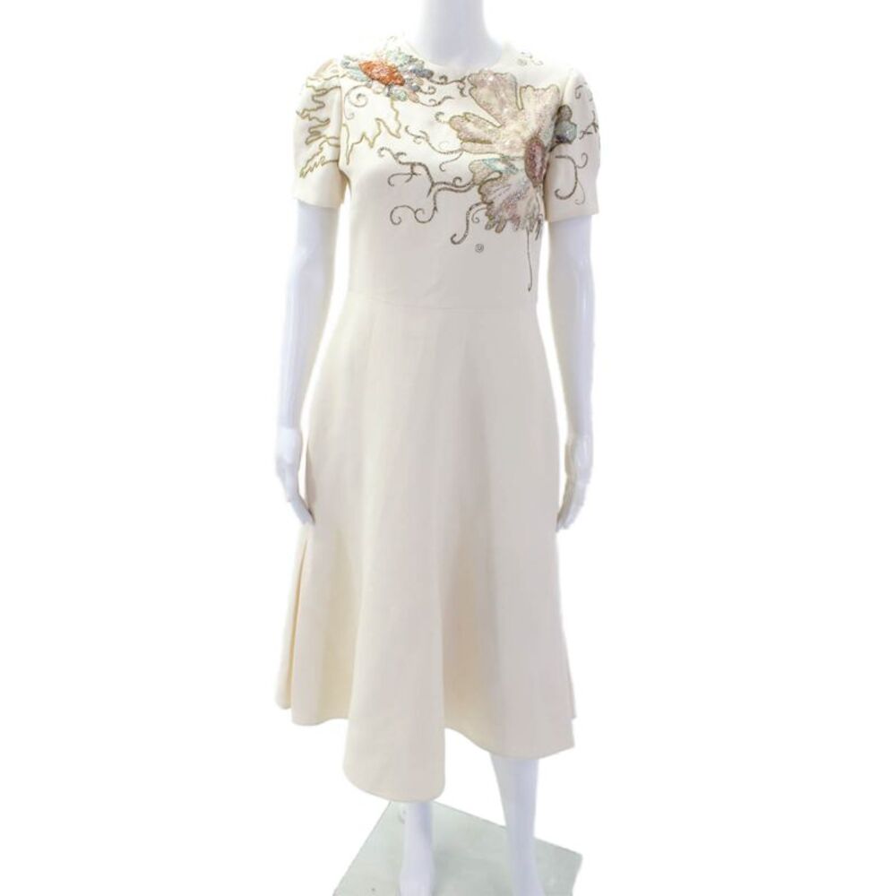 Valentino Womens Short Sleeve Metallic Floral Embroidered Dress White Size 6